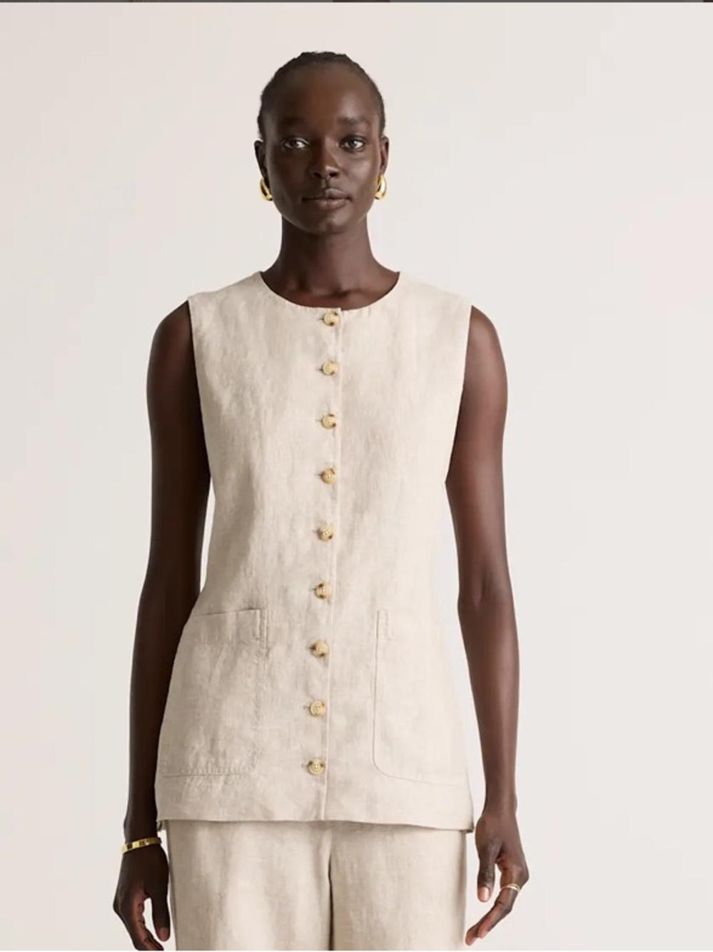 Quince Women’s M 100% European Linen Button Front Long Vest Tunic Beige Pockets